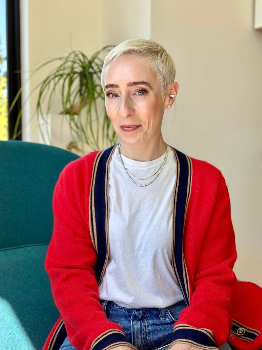 Denise Junell Johnson in a red cardigan